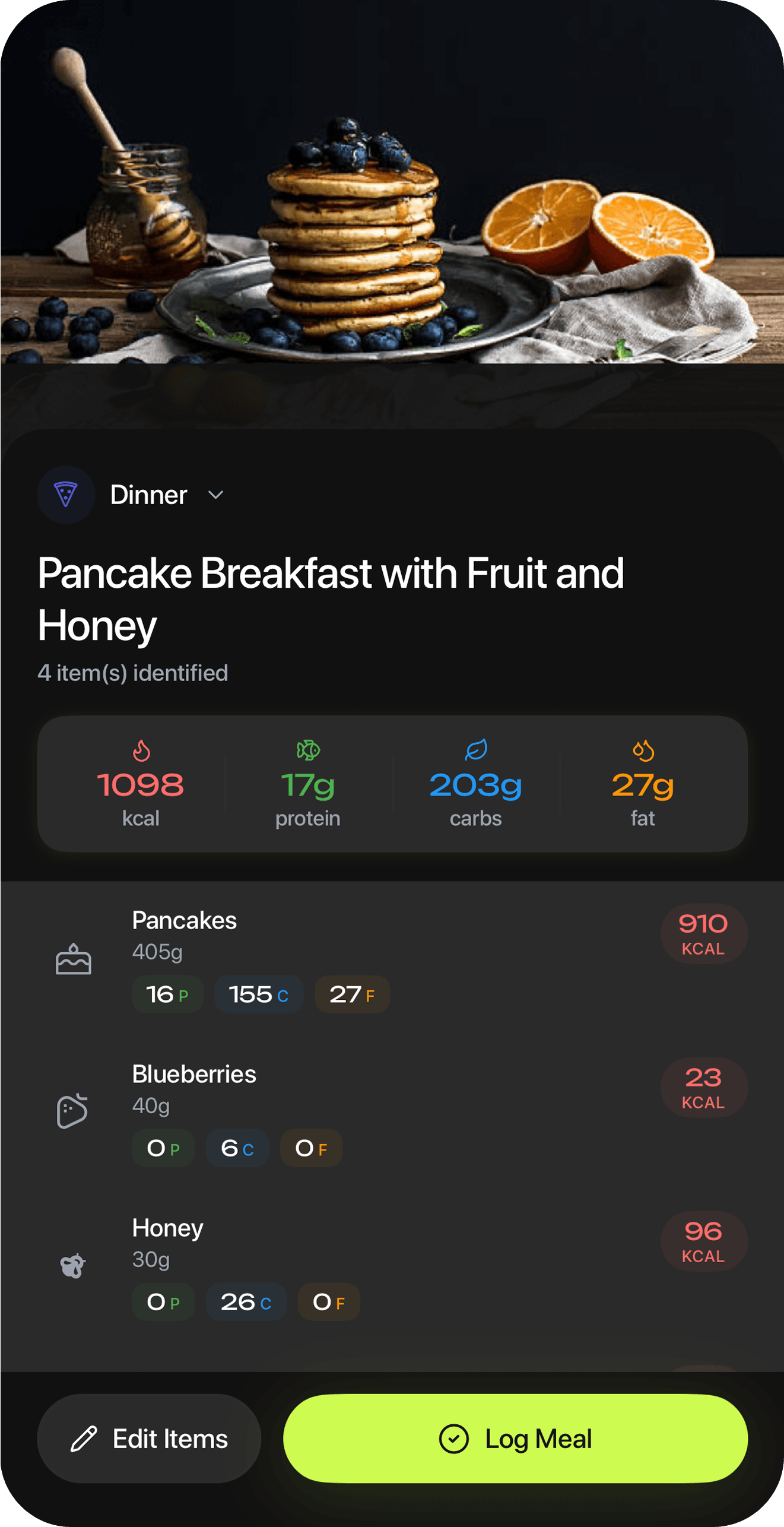 Helthy AI photo scan of a pancake breakfast, split into pancakes, blueberries and honey with calories and macros for each